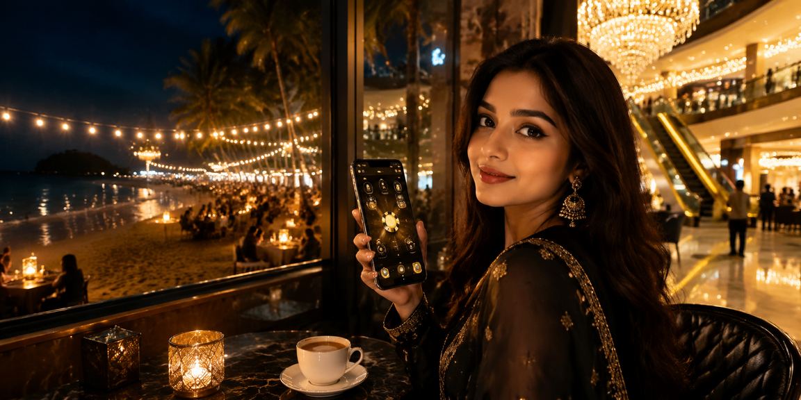 সেন্ট মার্টিন দ্বীপের সৈকতে বসে মোবাইলে 566bed - এ ডিপোজিট করছেন একজন তরুণ ব্যবহারকারী